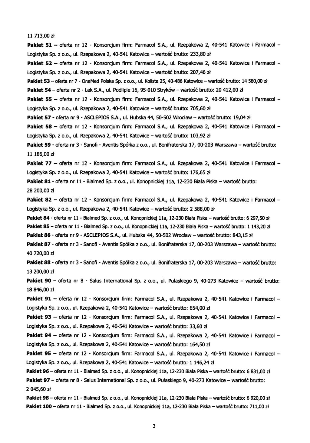 11 713,00 zf Pakiet 51 - oferta - Konsorcjum firm: Farmacol S.A., ul. Rzepakowa 2, 40-541 Katowice i Farmacol - Sp. z o.o., ul. Rzepakowa 2, 40-541 Katowice - wartosc brutto: 233,80 zt Pakiet 52 - oferta - Konsorcjum firm: Farmacol S.