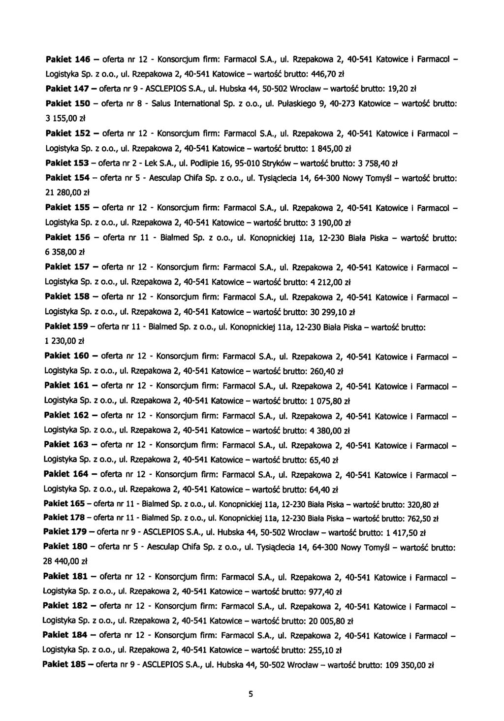 Pakiet 146 - oferta - Konsorcjum firm: Farmacol S.A., ul. Rzepakowa 2, 40-541 Katowice i Farmacol - Sp. z o.o., ul. Rzepakowa 2,40-541 Katowice - wartosc brutto: 446,70 zi Pakiet 147 - oferta 9 - ASCLEPIOS S.