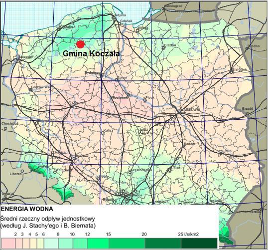 7.3 Energia wiatru Rysunek 29 Średni rzeczny odpływ jednostkowy Źródło: Koncepcja przestrzennego Zagospodarowania Kraju (KPZK) W Polsce średnia roczna prędkość wiatrów waha się od 2,8 do 3,5 m/s.