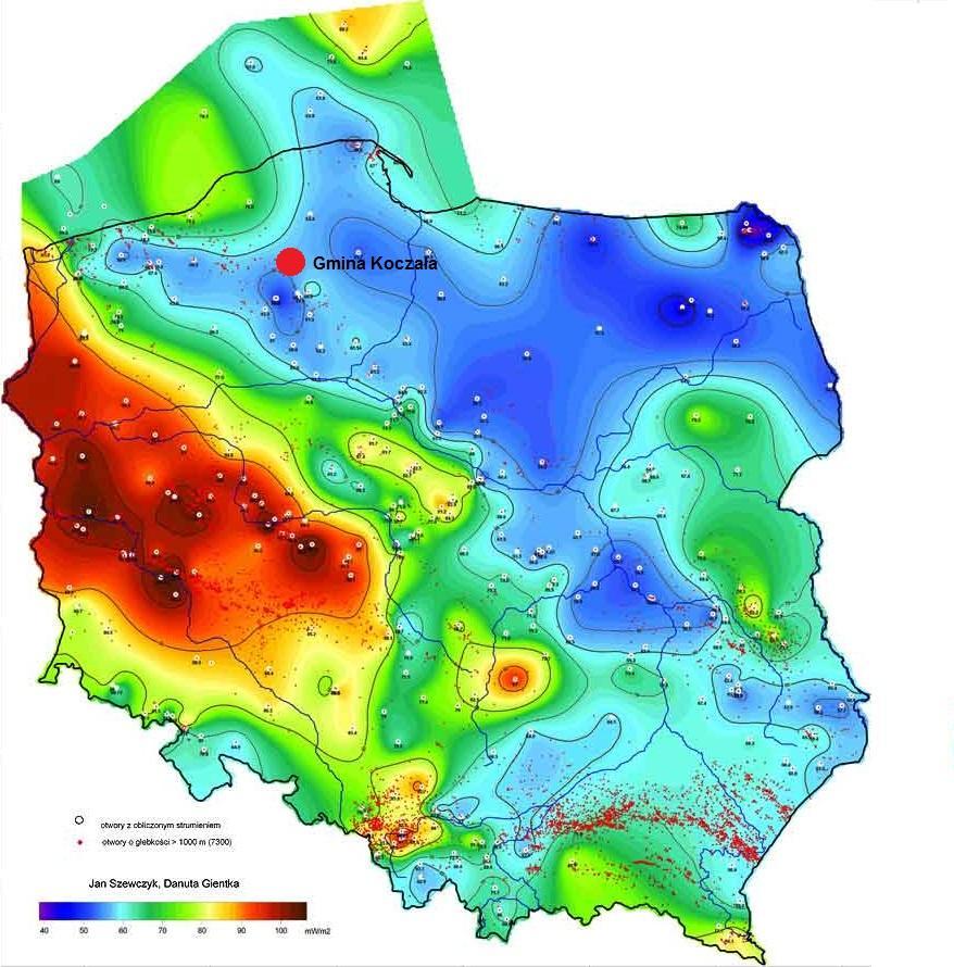 Rysunek 32 Mapa gęstości strumienia cieplnego Polski Źródło: Rozpoznanie wód geotermalnych w Polsce, Szewczyk, Gientka, 2009 r.