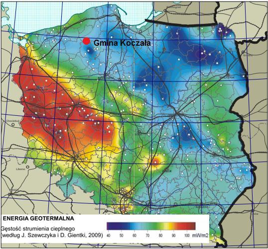 Rysunek 34 Mapa gęstości strumienia cieplnego Polski, Źródło: Koncepcja Przestrzennego Zagospodarowania Kraju (KPZK) Budowa instalacji geotermalnej na terenie gminy Koczała będzie zasadna wyłącznie