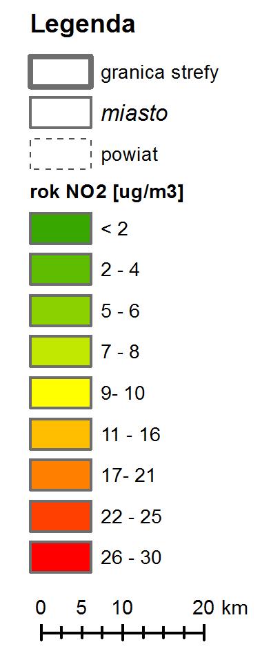 2. Dwutlenek azotu Monitoring powietrza atmosferycznego Badania zanieczyszczenia powietrza dwutlenkiem azotu w kryterium ochrony zdrowia prowadzone były na 4 stacjach pomiarowych metodą automatyczną