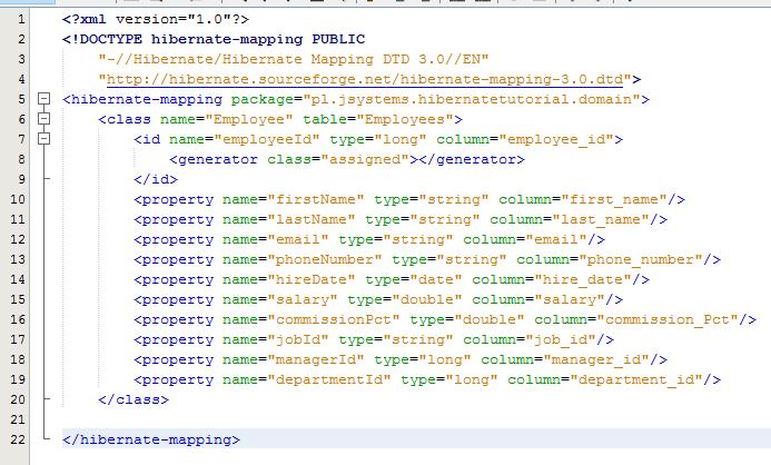 Klasa jest już gotowa, teraz czas na wspomniany wcześniej plik mapowania klasy. Stwórz plik XML w tym samym miejscu w którym znajduje się odwzorowywana klasa i umieść w nim treść taką jak poniżej.