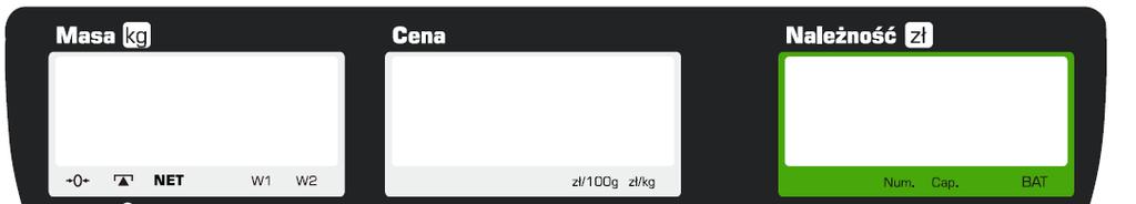2.4 Wyświetlacz LCD Symbole na wyświetlaczu : Wskaźnik stabilności wskazania masy : Wskaźnik zera NET : Wskaźnik pracy z tarą (wyświetlana wartość jest wartością netto) W1/W2: Wskaźnik zakresu