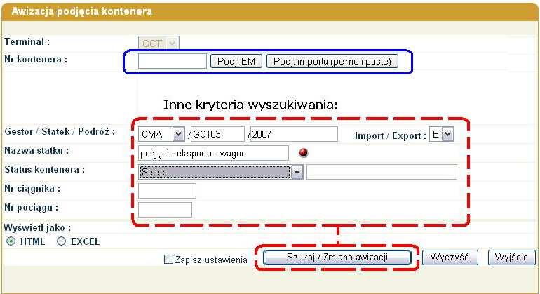3.2.2. Tworzenie awizacji podjęcia kontenera UWAGA: W obecnej wersji oddzielono tworzenie awizacji podjęcia kontenera EM od tworzenia awizacji podjęcia kontenerów importowych i eksportowych (pustych