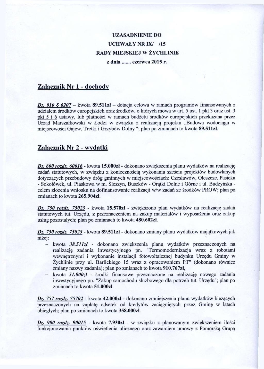 UZASADNIENIE DO UCHWAŁY NR IX/ /15 RADY MIEJSKIEJ W ŻYCHLINIE z dnia czerwca 215 r. Załącznik Nr 1 - dochody Dz. 1 $ 627 - kwota 89.
