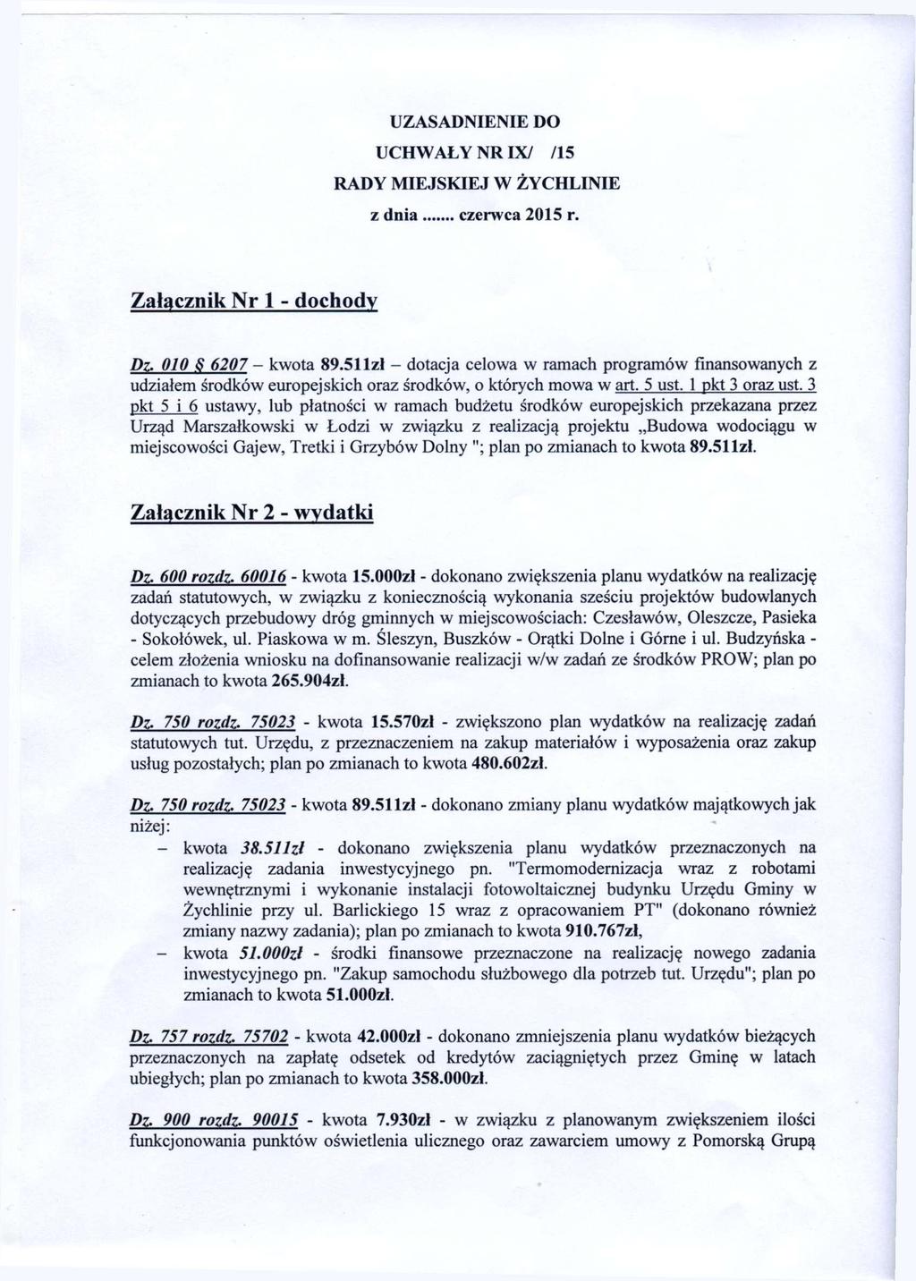 UZASADNIENIE DO UCHWAŁY NR IX/ /15 RADY MIEJSKIEJ W ŻYCHLINIE z dnia czerwca 215 r. Załącznik Nr 1 - dochody Dz. 1 $ 627 - kwota 89.