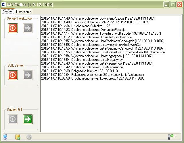 Okno programu z wyświetlonymi zaistniałymi zdarzeniami. Przykładowy fragment pliku logfile.txt z zapisanymi zdarzeniami 2012-11-05 10:59:43 Uruchomiono serwer kolektorów: 192.168.0.114:8080 2012-11-05 10:59:55 Połączono klienta: 192.