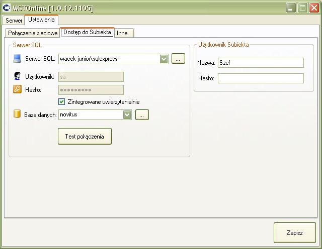 Dostęp do Subiekta Serwer SQL W tym polu należy wpisać adres serwera bazy danych Subiekta GT.