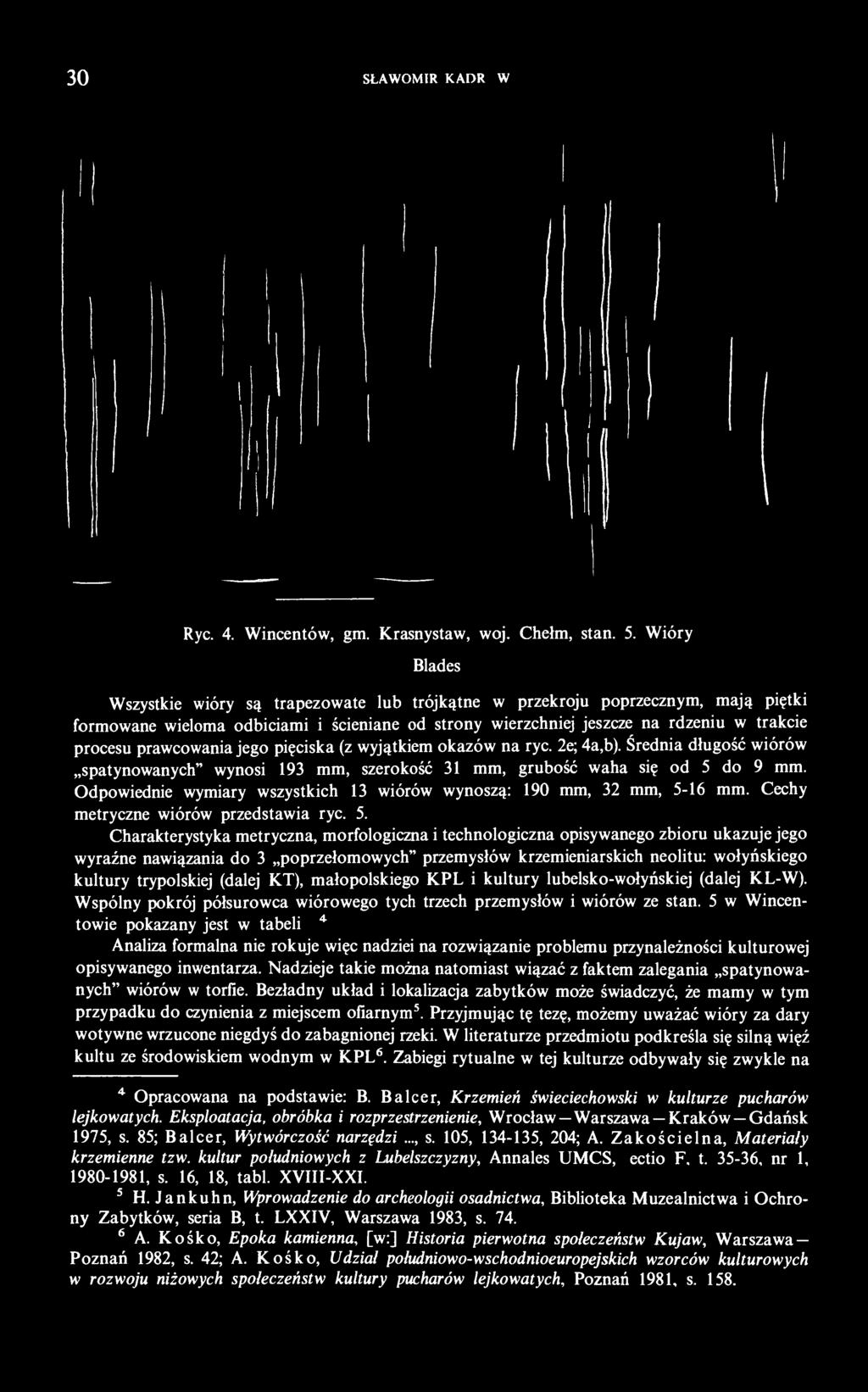 prawcowania jego pięciska (z wyjątkiem okazów na ryc. 2e; 4a,b). Średnia długość wiórów spatynowanych" wynosi 193 mm, szerokość 31 mm, grubość waha się od 5 do 9 mm.