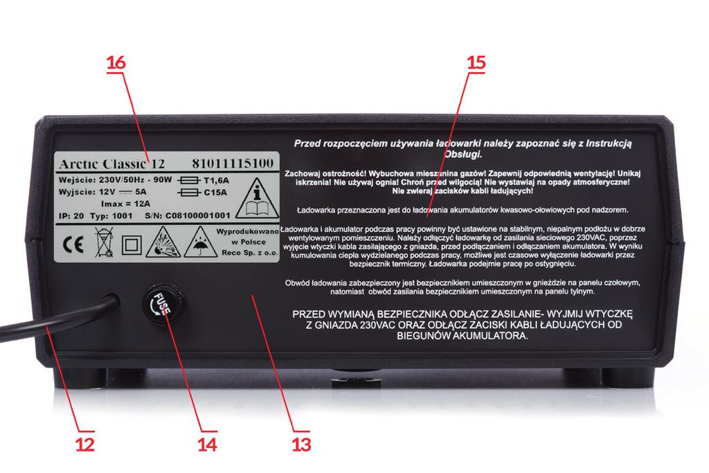 11. Przełącznik główny 12. Kabel zasilający z wtyczką 13. Panel tylny 14. Gniazdo bezpiecznika. Zabezpieczenie obwodu zasilania 230V 50Hz 15.