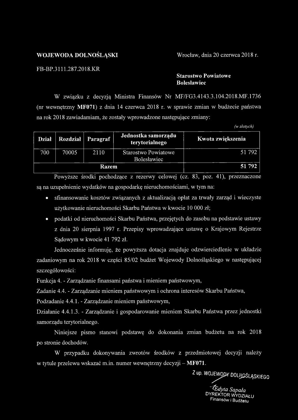 w sprawie zmian w budżecie państwa na rok 2018 zawiadamiam, że zostały wprowadzone następujące zmiany: Dział Rozdział Paragraf Jednostka samorządu terytorialnego (w złotych) Kwota zwiększenia 700