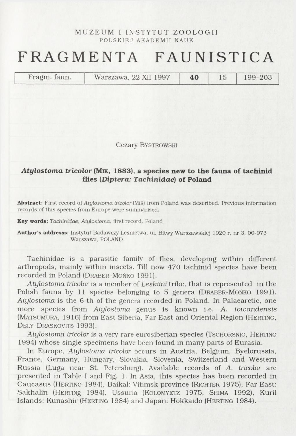 MUZEUM I INSTYTUT ZOOLOGII POLSKIEJ AKADEMII NAUK FRAGMENTA FAUNISTICA Fragm. faun.