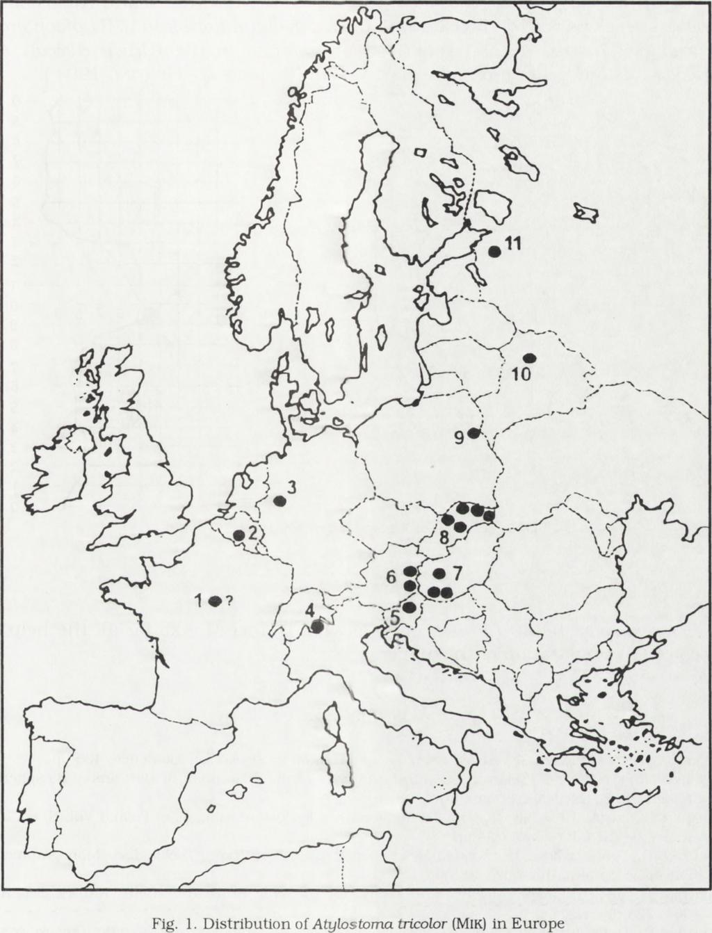 Atylostoma tricolor in Poland 20 Fig.. D istribution of Atylostom a tricolor (MlK) in Europe Only one female of A. tricolor was recorded in Poland on 5.07.