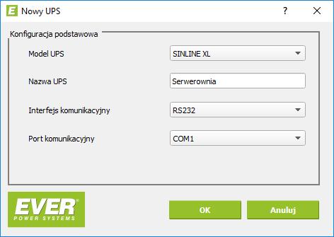 Rys. 5: Okno dodawania UPS. Poniżej przedstawiono opis parametrów dostępnych w oknie Nowy UPS. 1. Model UPS. Pole wyboru modelu zasilacza. 2. Nazwa UPS.