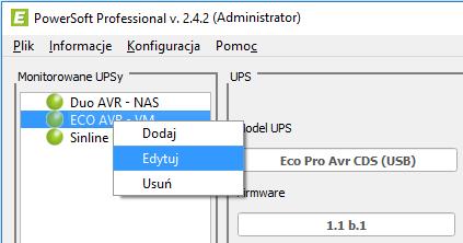 Następnie należy uruchomić panel kontrolny PowerSoft i za pomocą opcji Połącz z usługą nawiązać komunikację z usługą uruchomioną na systemie vma.