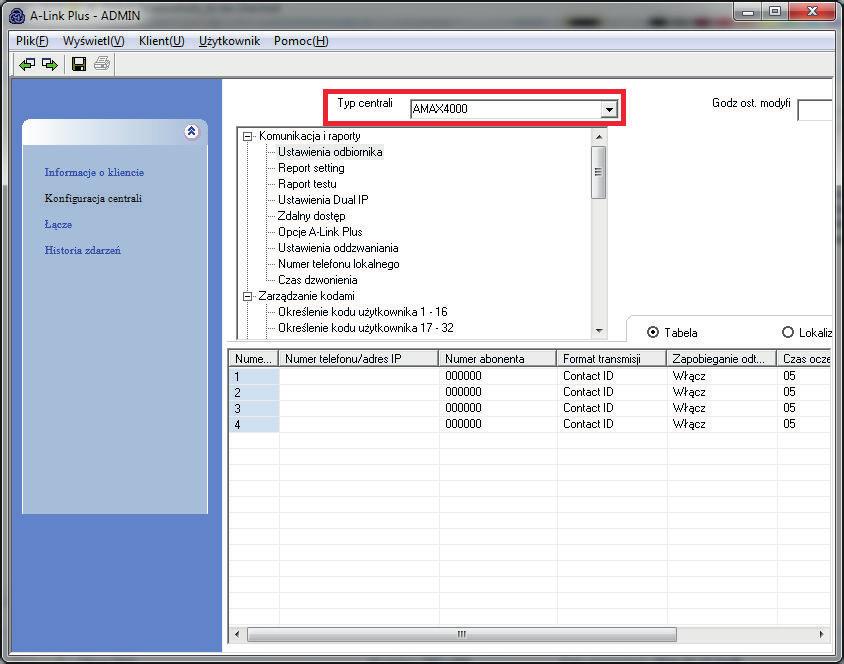 18 pl Programowanie i obsługa systemu AMAX AMAX 2100 / 3000 / 4000 5.5.6 Konfigurowanie panelu sterowania 1. Wybrać kolejno Klient Otwórz klienta na pasku menu programu A-link Plus.