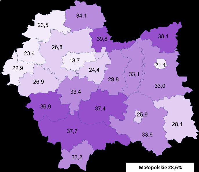 wśród bezrobotnych charakteryzowały się największe miasta województwa Kraków (19%) oraz Tarnów (21%). Mapa 3. Udział osób bezrobotnych do 30.
