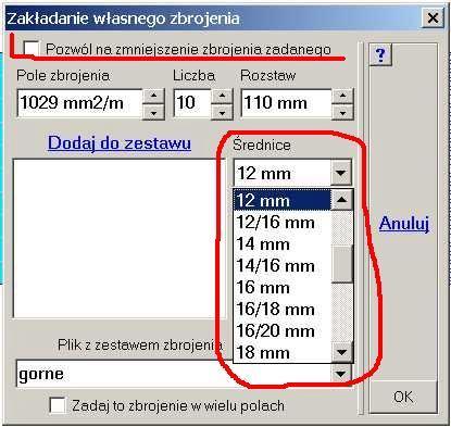 rysy to pojawi się warunek Pozwól na zmniejszenie zbrojenia zadanego.