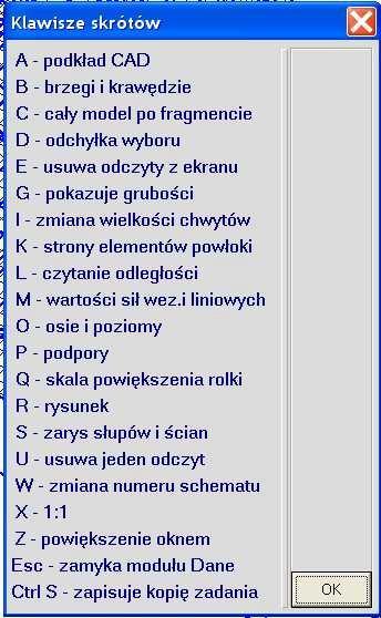 Wprowadzono szereg gorących klawiszy, w zasadzie takich samych dla modułu Dane i Wyniki z drobnymi różnicami. Listę aktywnych klawiszy skrótów można uzyskać po naciśnięciu pytajnika (?).