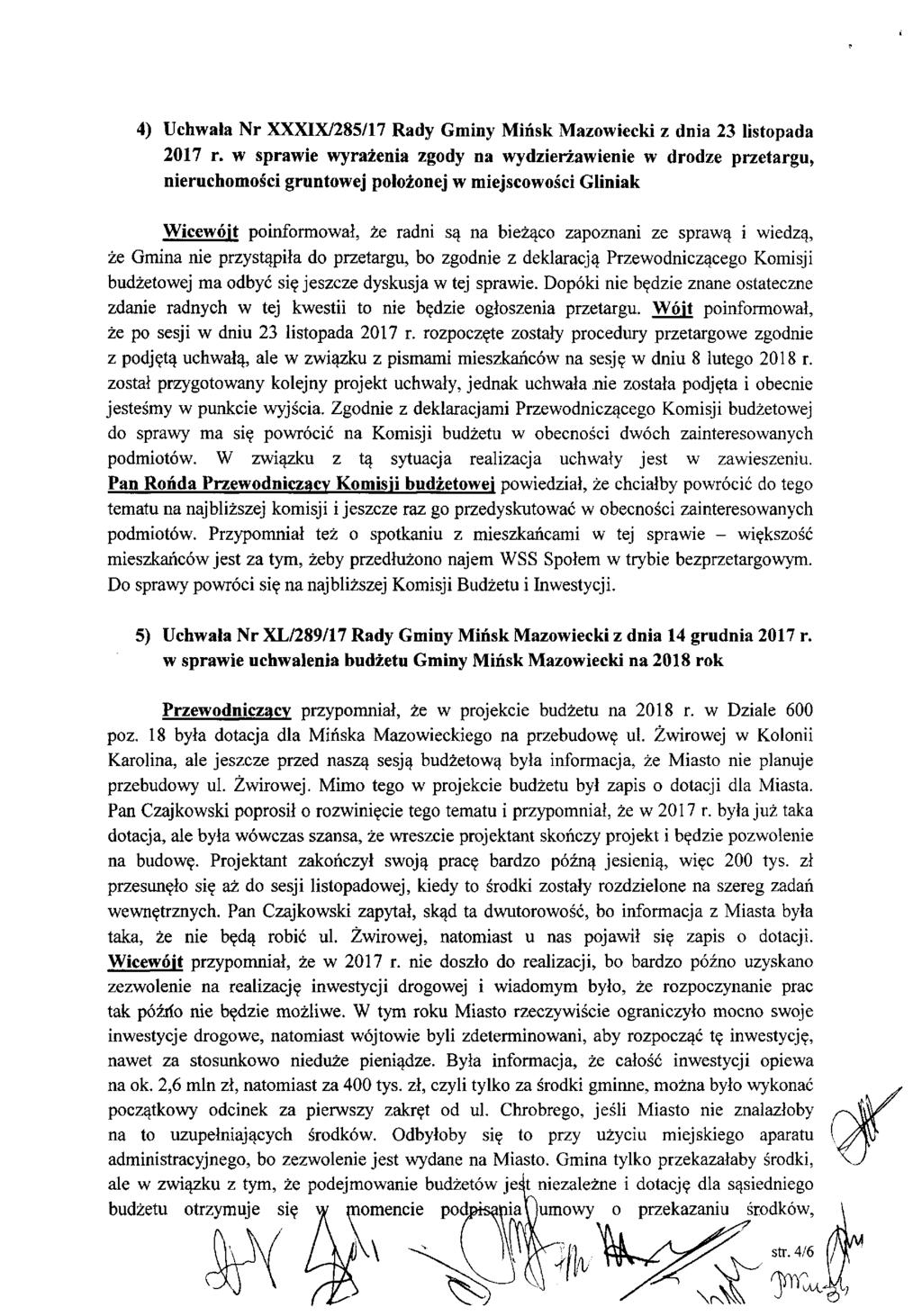 4) Uchwała Nr XXXIX/285/17 Rady Gminy Mińsk Mazowiecki z dnia 23 listopada 2017 r.