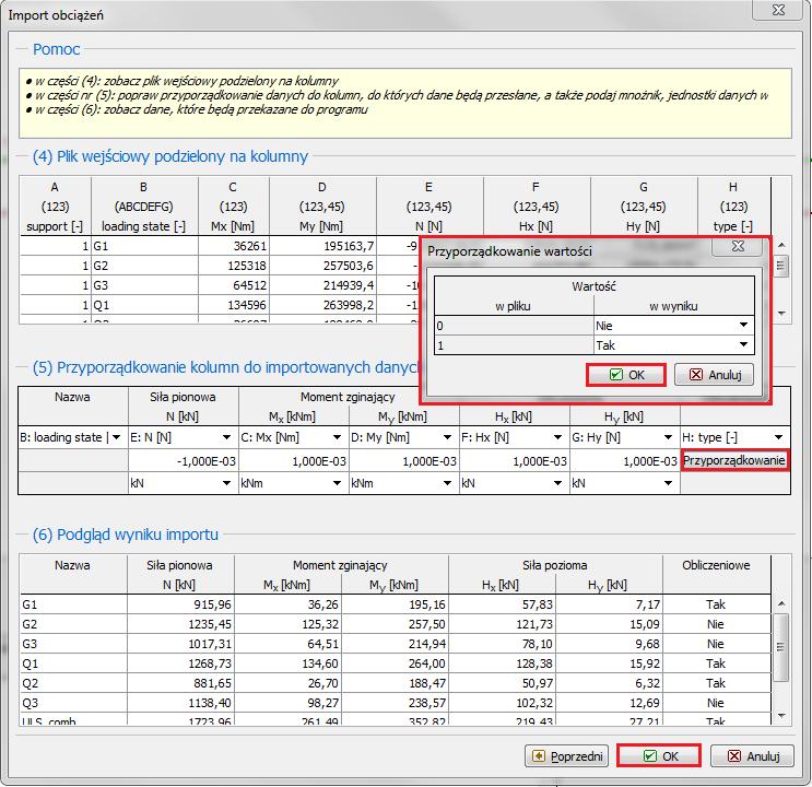 Kolumna H określa, czy importowane obciążenie jest obciążeniem obliczeniowym.