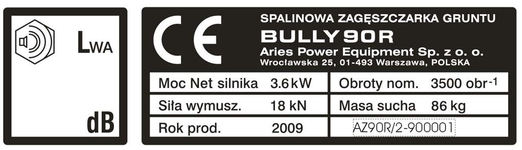 1.3. CHARAKTERYSTYKA TECHNICZNA 1.3.1. DANE OGÓLNE Producentem i dystrybutorem zagęszczarki BULLY 90R jest: ARIES POWER EQUIPMENT Sp. z o.o. 0l - 493 WARSZAWA ul. WROCŁAWSKA 25 tel. 22.861.43.01 fax.