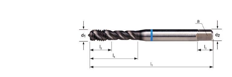 E414 M Gwintownik maszynowy metryczny skrętny 48, Niebieski Shark E414 E414 E414 M3 - M20 l 1 l 2 d 2 l 4 P Ø a E414 M mm mm mm mm mm mm z mm 3 0.50 56 6 3.5 2.7 6 3 2.5 18 E414M3 4 0.70 63 7 4.5 3.