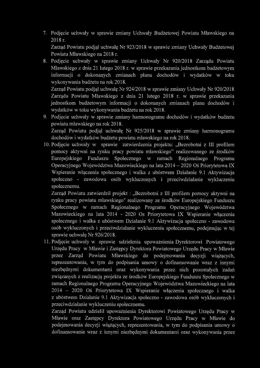 7. Podjęcie uchwały w sprawie zmiany Uchwały Budżetowej Powiatu Mławskiego na 2018 r. Zarząd Powiatu podjął uchwałę Nr 923/2018 w sprawie zmiany Uchwały Budżetowej Powiatu Mławskiego na 2018 r. 8.