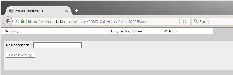 terminalu GCT oraz wyświetlenie szczegółowej karty kontenera. Aby wyszukać listę wizyt kontenera należy podać numer szukanego kontenera.