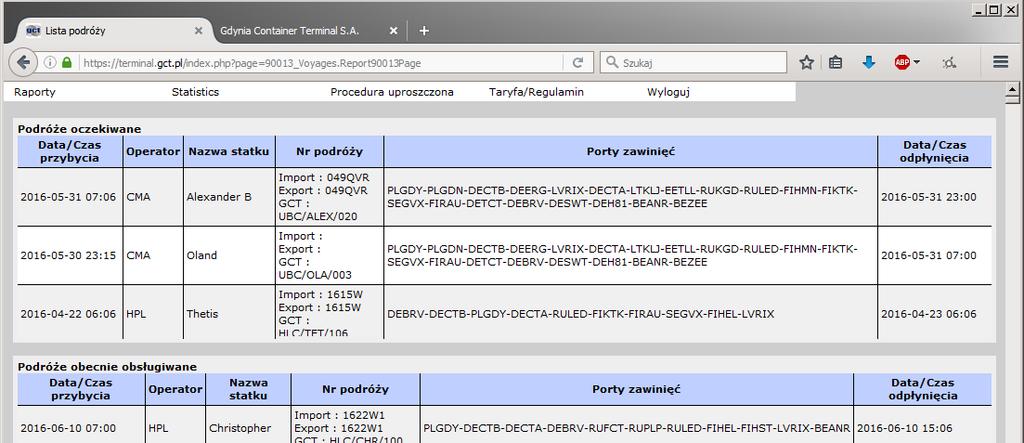 Lista podróży Lista podróży to wykaz wszystkich podróży statków, które zawinęły do terminalu GCT od początku jego działalności.