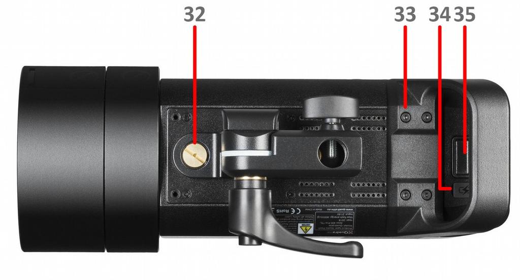 25. Standardowa czasza 26. Blokada mocowania modyfikatorów światła. 27. Port USB-C. 28. Gniazdo synchronizacyjne. 29. Fotocela. 30. Diody wskazujące poziom naładowania akumulatora. 31.