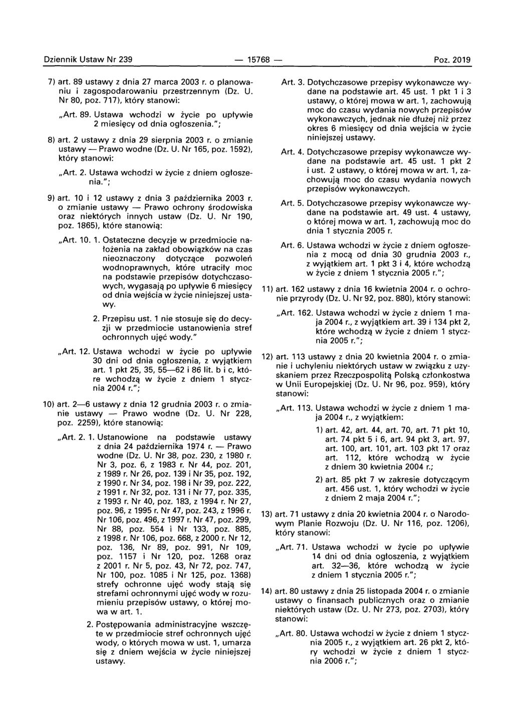 Dziennik Ustaw Nr 239-15768 - Poz. 2019 7) art. 89 ustawy z dnia 27 marca 2003 r. 0 planowaniu i zagospodarowaniu przestrzennym (Oz. U. Nr 80, poz. 717), kt6ry stanowi: "Art. 89. Ustawa wchodzi w zvcie po uptywie 2 mlesiecv od dnia ogtoszenia.