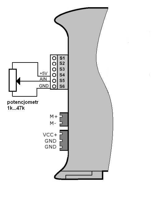 2.6 Sterowanie prędkością silnika Sterowanie prędkością silnika odbywa się przez zmianę napięcia podawanego na wejście analogowe AIN. Maksymalne napięcie, jakie może być podane na wejście AIN to +5V.