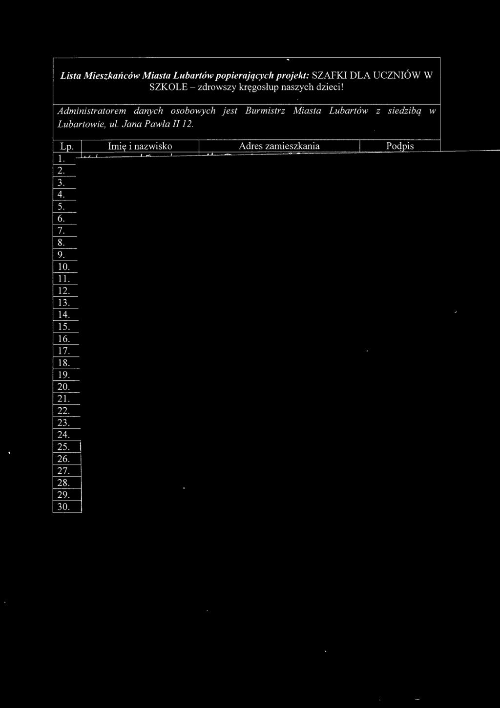 Jana Pawła 1112..Lp. I Imię i nazwisko I Adres zamieszkania I Podpis 1. f---- 2. f---- 3. f---- r------ 4. 5.