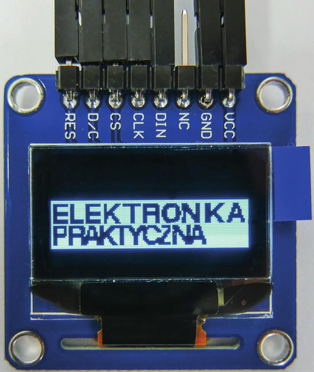 DispTxt(,32, Sterownik,6,); //znaki 6 pikseli DispTxt(76,36, SSD36,2,); //znaki 2 pikseli RefreshRAM(); //przepisz do sterownika SSD36 while(); Listing 2.