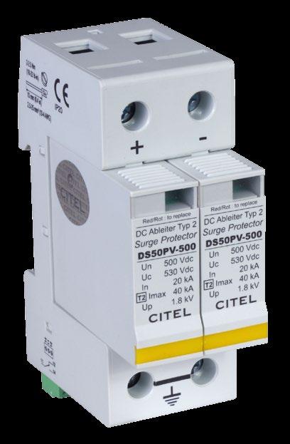 Ogranicznik przepięć D typu 2 () - DS50VS-500 Ochrona przepięciowa typu 2 dla fotowoltaiki Zdolność odprowadzania na biegun: I n = 20kA; I max = Moduły wymienne Zdalna sygnalizacja w standardzie