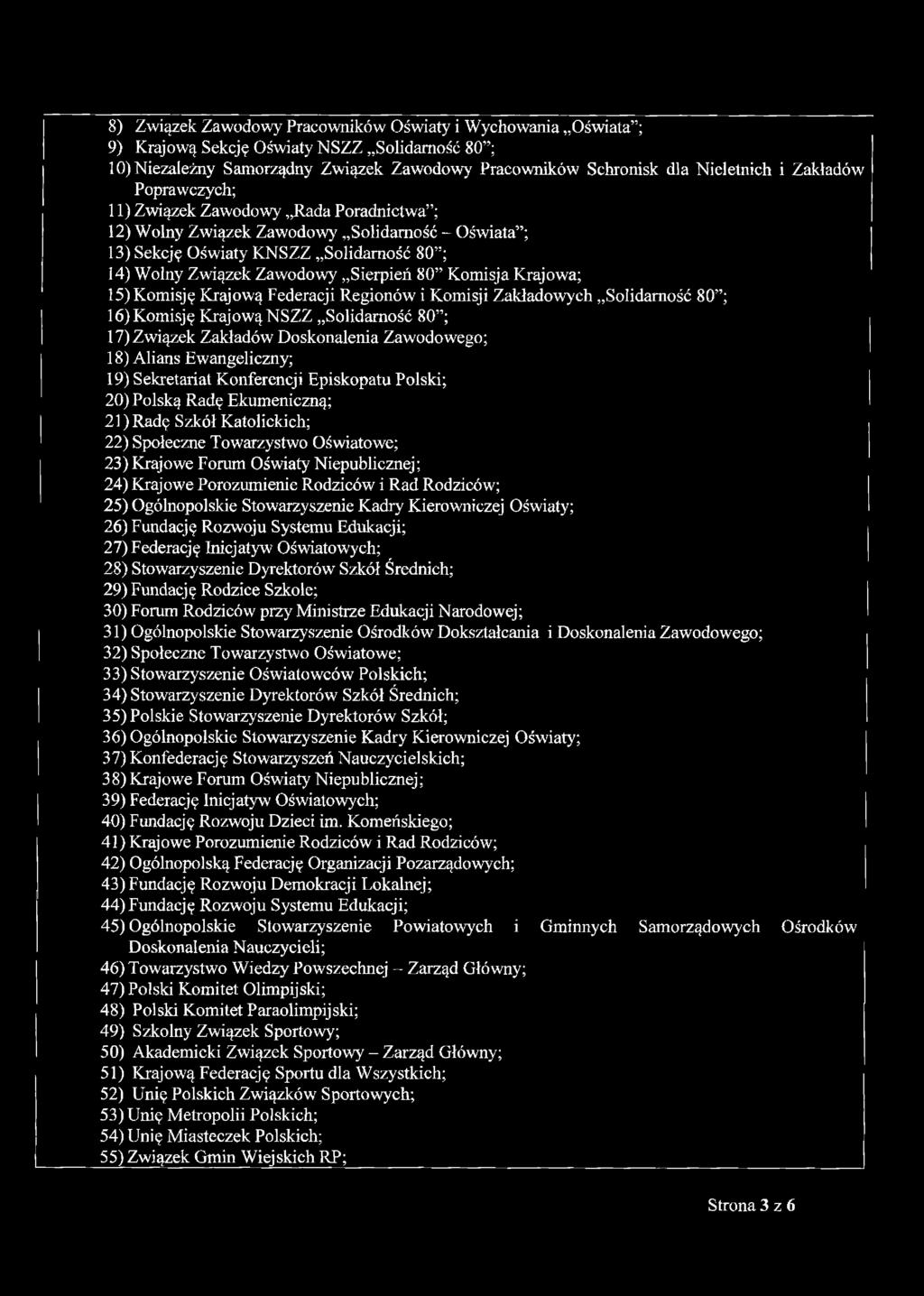 Komisja Krajowa; 15) Komisję Krajową Federacji Regionów i Komisji Zakładowych Solidarność 80 ; 16) Komisję Krajową NSZZ Solidarność 80 ; 17) Związek Zakładów Doskonalenia Zawodowego; 18) Alians