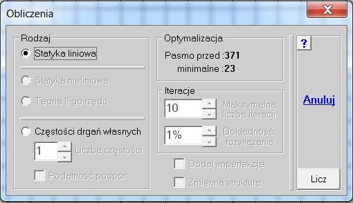 51. Wprowadzono nową planszę danych do obliczeń, oraz stałą zasadę naciśnięcia przycisku Licz w module Solver. Po zakończeniu obliczeń automatycznie pokażą się ugięcia modelu.