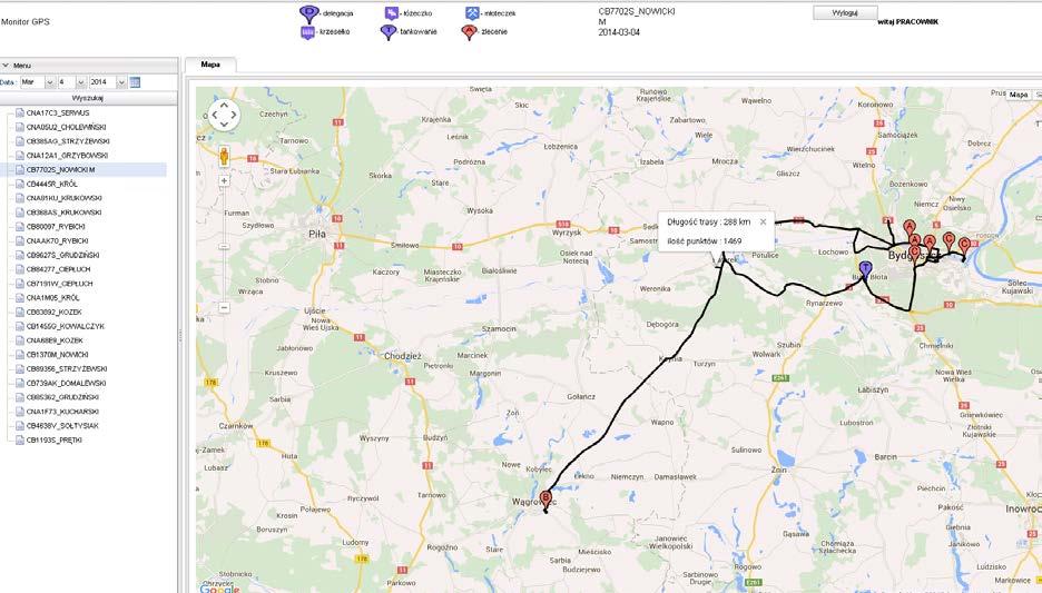 Rys. 4. Fragment widoku aplikacji (GWT) wspierającej monitoring pojazdów przewożących odpady.