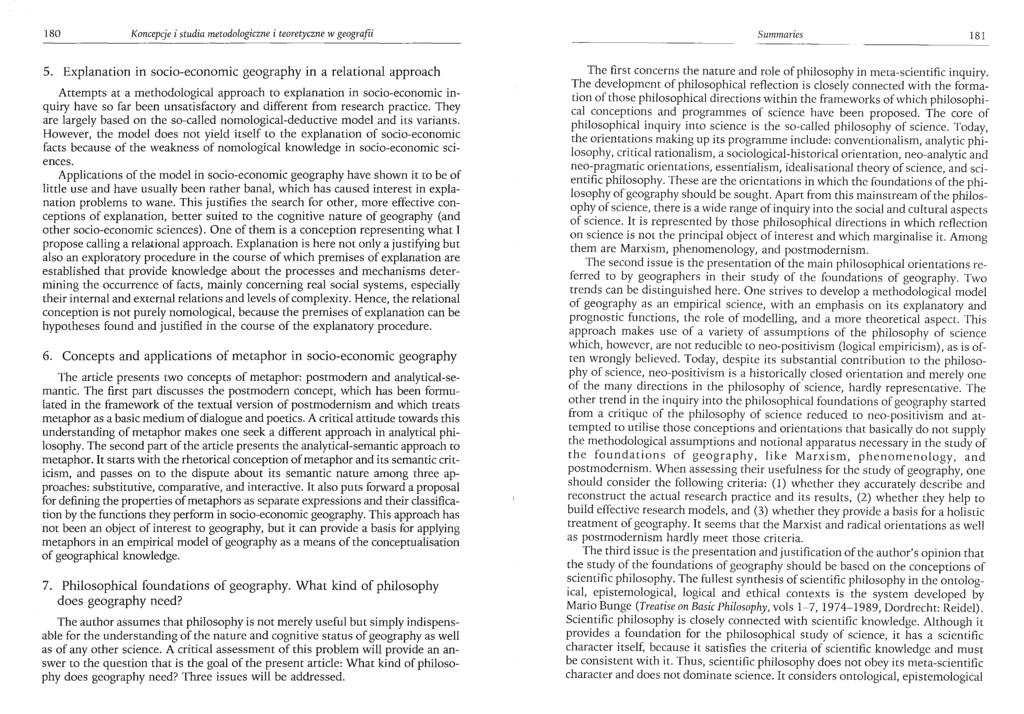 180 Koncepcje i studia metodologiczne i teoretyczne w geografii Summarie s 181 5.