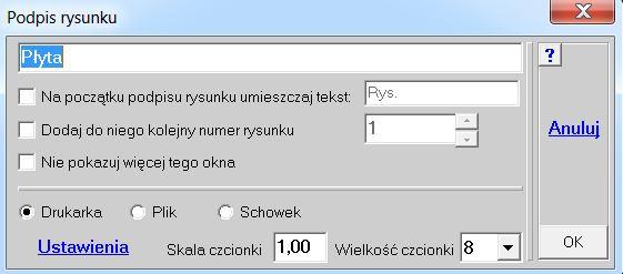 Na planszy Podpis rysunku pojawił się przycisk Ustawienia, którym można wywołać kolejną planszę na której można zadecydować czy data ma być na rysunku, czy nie, oraz jaka to ma być data.