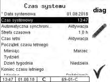 Opis menu 22 Czas systemowy Wybrać parametr Czas systemowy i w razie potrzeby zmienić bieżące ustawienie czasu.