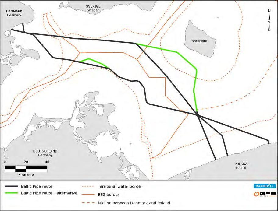 Rozważane warianty przebiegu Baltic Pipe; Gaz-System Jego wyjątkowy charakter polega na tym, że mający mieć ponad 200 km gazociąg przebiegać ma na dnie Morza Bałtyckiego, co wiąże się z wieloma