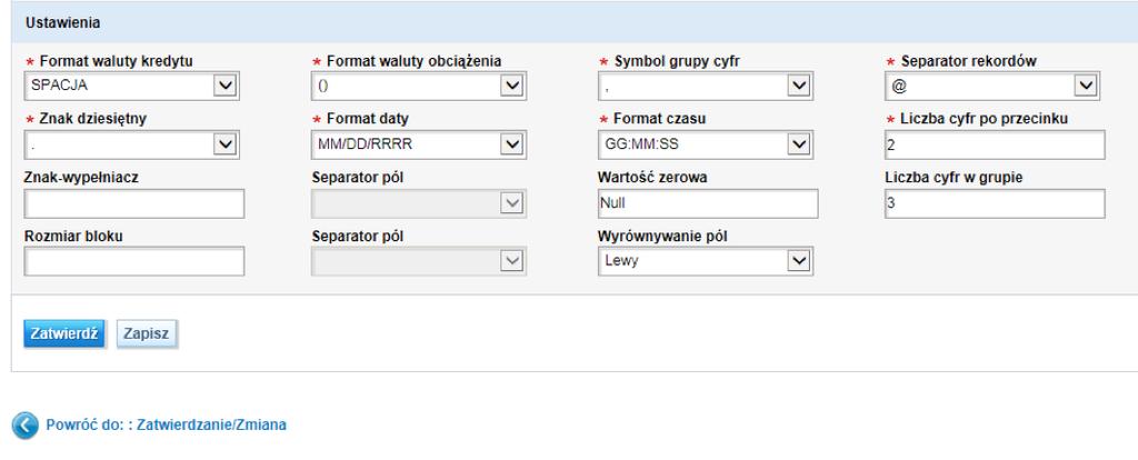 Po dodaniu wszystkich pól przejdź do sekcji Ustawienia w dolnej części ekranu. Określ: Separator pól znak końca pola. Separator rekordów znak końca rekordu.