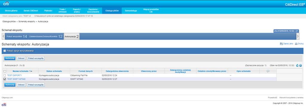 Na prośbę telefoniczną Bank może wyłączyć konieczność Autoryzacji schematów eksportu.