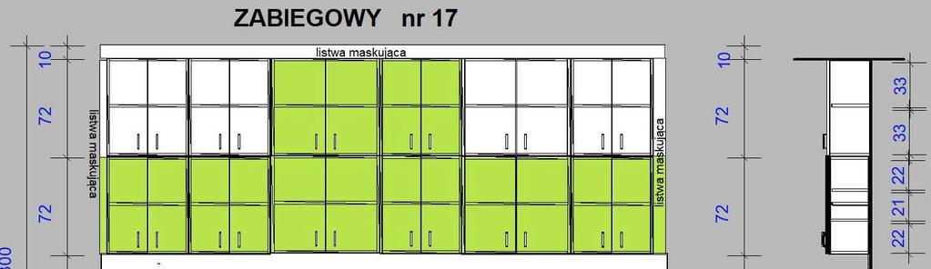 GABINET ZABIEGOWY POKÓJ 17: - szafki wiszące, 2-drzwiowe o wymiarach: 72/60/32 oraz 72/80/32 - szafka stojąca 1- drzwiowa pod zabudowę umywalkową, o wymiarach:72/60/60 -