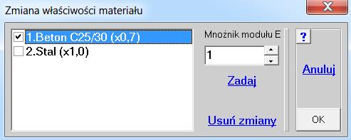 Po wskazaniu które materiały mają mieć mnożnik inny od 1,0 można wpisać jego wartość.