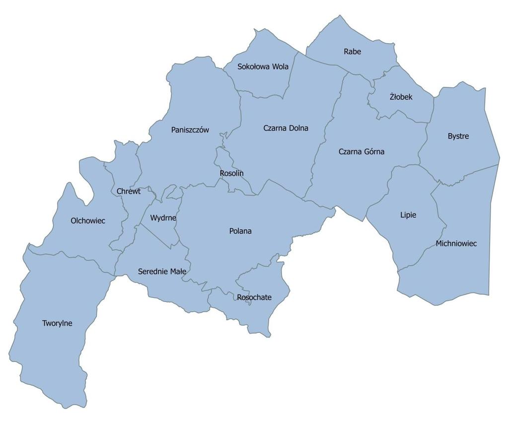 W skład gminy wchodzi 7 sołectw: Czarna Dolna (w skład wchodzą miejscowości: Czarna Dolna, Paniszczów i Wola Sokołowa), Czarna Górna, Lipie, Michniowiec-Bystre, Polana (w skład wchodzą miejscowości: