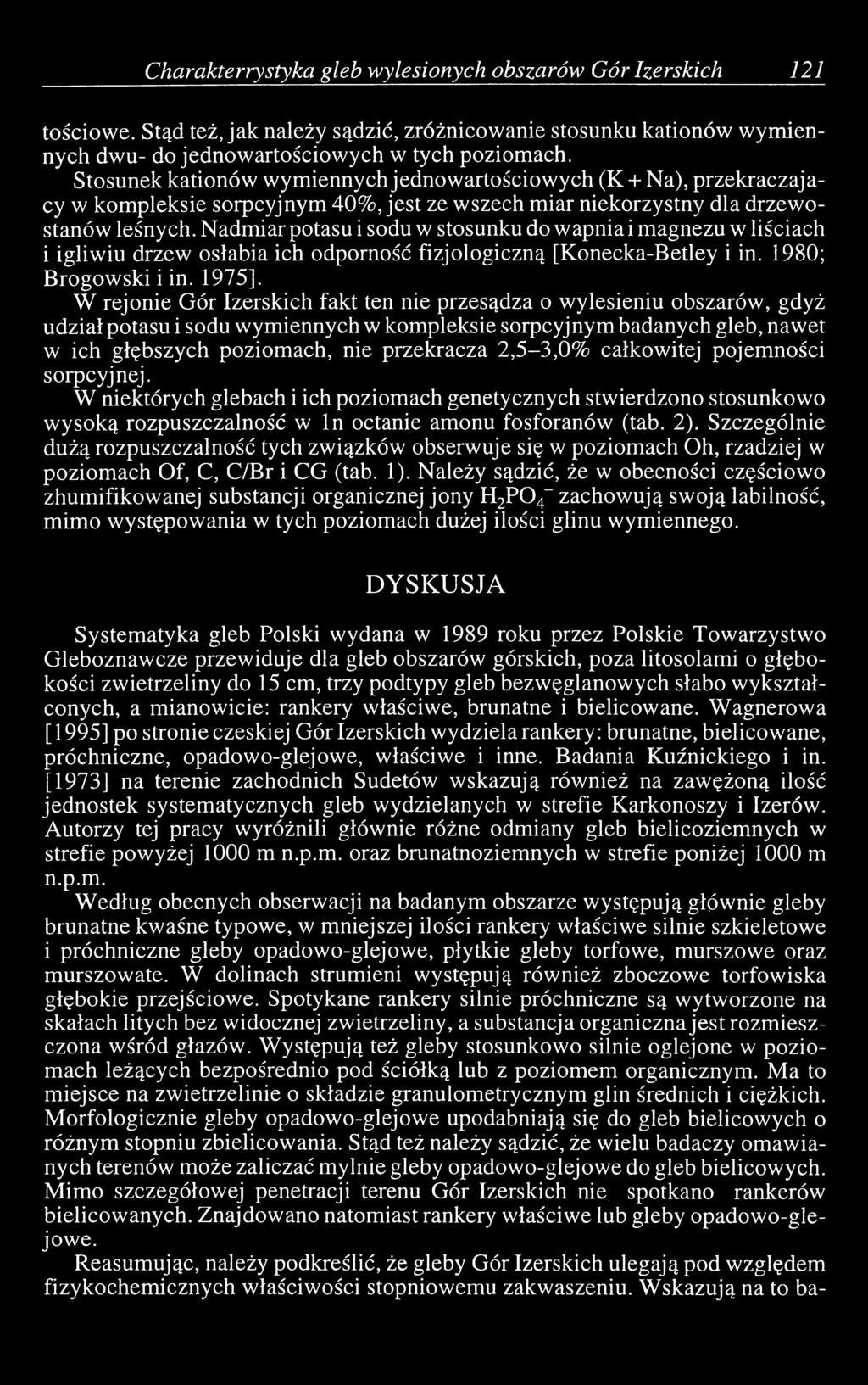 Nadmiar potasu i sodu w stosunku do wapnia i magnezu w liściach i igliwiu drzew osłabia ich odporność fizjologiczną [Konecka-Betley i in. 1980; Brogowski i in. 1975].
